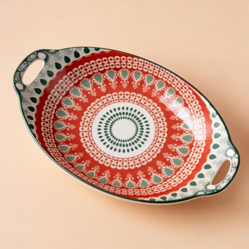 Image of Amazon Basics Mandala Ceramic Long Dish with Handles (10.8 Inch) - Elegant Oval Serving Platter for Snacks, Appetizers, Salads, and Noodles | Microwave & Dishwasher Safe (Red & Green)