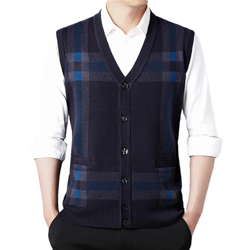 Otoño Invierno Cuello en V Suéter de Punto Chaleco Hombres Casual Sin Mangas Cardigan Chaqueta Azul Marino Asiático L (60-72kg), azul marino, L