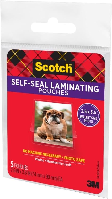 Scotch Self-Sealing Laminating Pouches, Glossy Finish, Wallet Photo Size 2 1/2 in x 3 1/2 in, 5 Pouches