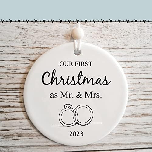 Kusry Newly Wedding Gift for Couple Unique, Our First Christmas Married Ornament 2023, 1st Xmas as Mr and Mrs Ornaments, Newlywed Gift, Bridal Shower Gift for Bride to be, Ceramic, 2.83"