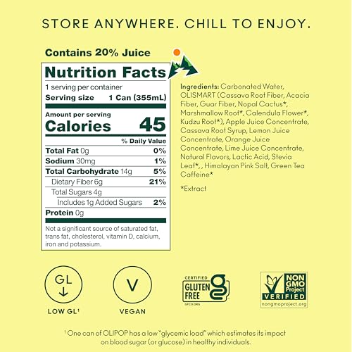 Image of OLIPOP Prebiotic Soda Pop, Citrus Rush, Pantry Pack Packed with Prebiotics, Fiber, and Botanicals, Gluten Free, GMO Free, 12oz (12-Cans) (Packaging May Vary)