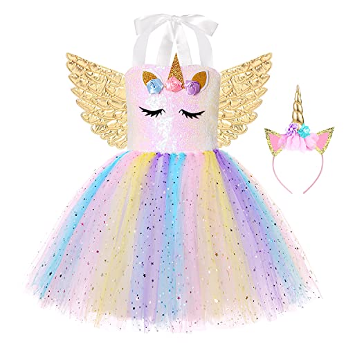 FONLAM Vestido Disfraz de Unicornio Niña Bebé Vestido Princesa Fiesta Carnaval Bautizo Tutú Infantil Flores Niña (Estrellas+Alas, 7-8 Años XL) Cover