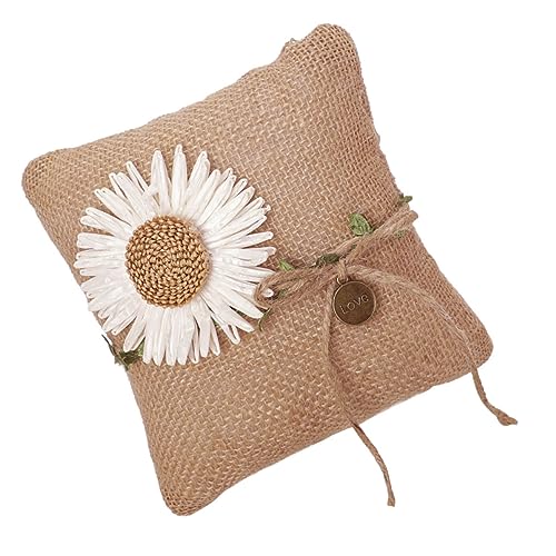 PRETYZOOM Burlap Ring Pillow Holder for Wedding Rustic Ring Pillow Daisy Flower Decorations