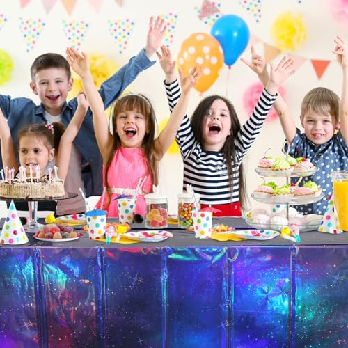 Image of 12Pcs Iridescent Space Tablecloths, Disposable Plastic Purple Galaxy Table Cloth Rectangle Table Covers for Space Starry Night Star Theme Party Birthday Party Decorations, 54x108 Inch