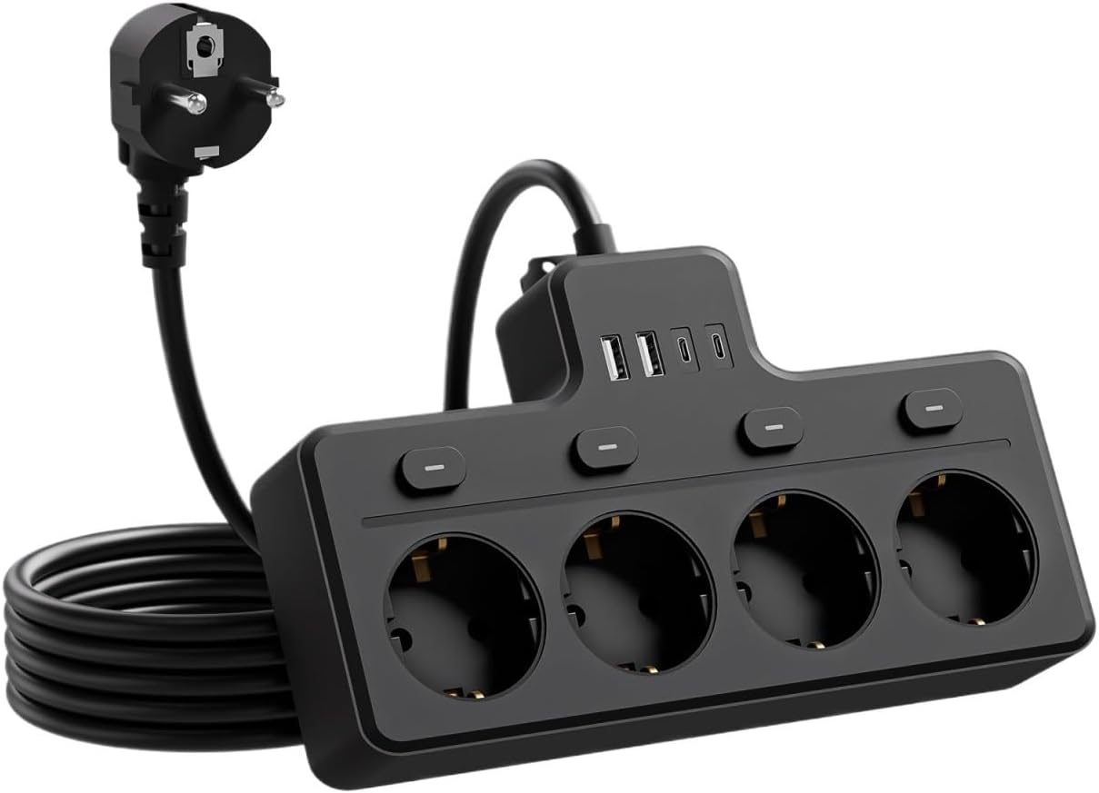 8-in-1 EU Power Board, Multi-Switch Power Extension Cord Plug-in Board, 4 AC sockets, 2 USB 2 Type-C, Desktop Wall Charging stat(EU_220V_Short-LINE-Black)
