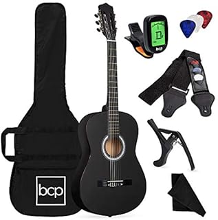 Best Choice Products 38in Beginner All Wood Acoustic Guitar Starter Kit w/Gig Bag, Digital Tuner, 6 Celluloid Picks, Nylon Strings, Capo, Cloth, Strap w/Pick Holder - Matte Black