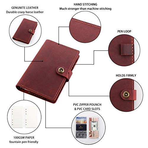 Leather Journal Refillable Writing Notebook, A6 Personal Size 6 Ring Binder Spiral Notebook, Handmade Genuine Leather Refillable Journal Binder Diary, Pocket Binder Traveler Notebook-Wine #TOP3