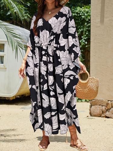 Image of Moss Rose Kaftan Dresses for Women V Neck Summer Swimsuit Cover up Caftan Maxi Beach Dresses