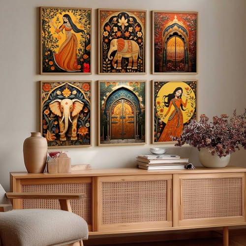 Image of kotart Premium Digital Madhubani Art Paintings with Frame for Home Decor - Framed Painting for Living Room Bedroom Office Room Decor - Painting for Wall Decoration - Pack of 6 (10X13, E)