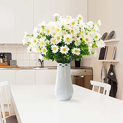 Aufind 12 Bundles Artificial Daisies Flowers Outdoor Fake Plants White Gerber Daisy Fake Foliage Greenery Faux Plants For Graves Hanging Outside Planter Window Box Wedding Decoration #TOP3