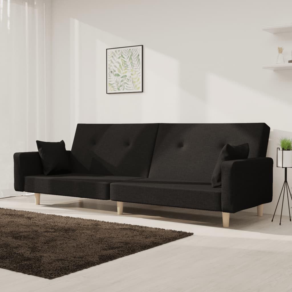 Sofá cama de 2 plazas con función de sueño, incluye 2 almohadas, sofá plegable de tela, color negro, 220 cm
