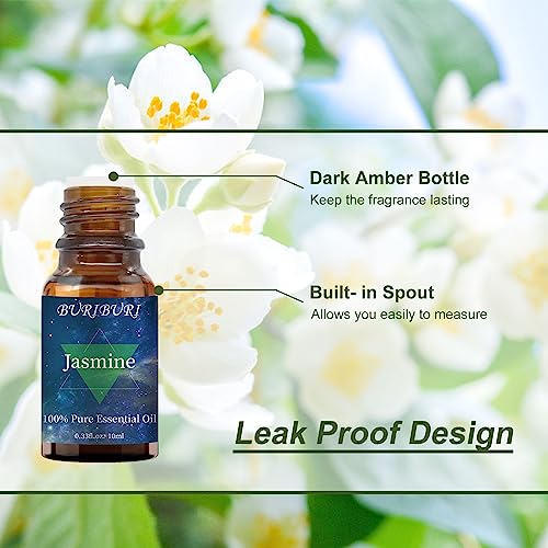 Image of BURIBURI Jasmine Essential Oil, 100% Pure, Undiluted, Natural, Organic Aromatherapy Jasmine Oils 10ML for Massage, Diffuser, Soap Making Candle Making