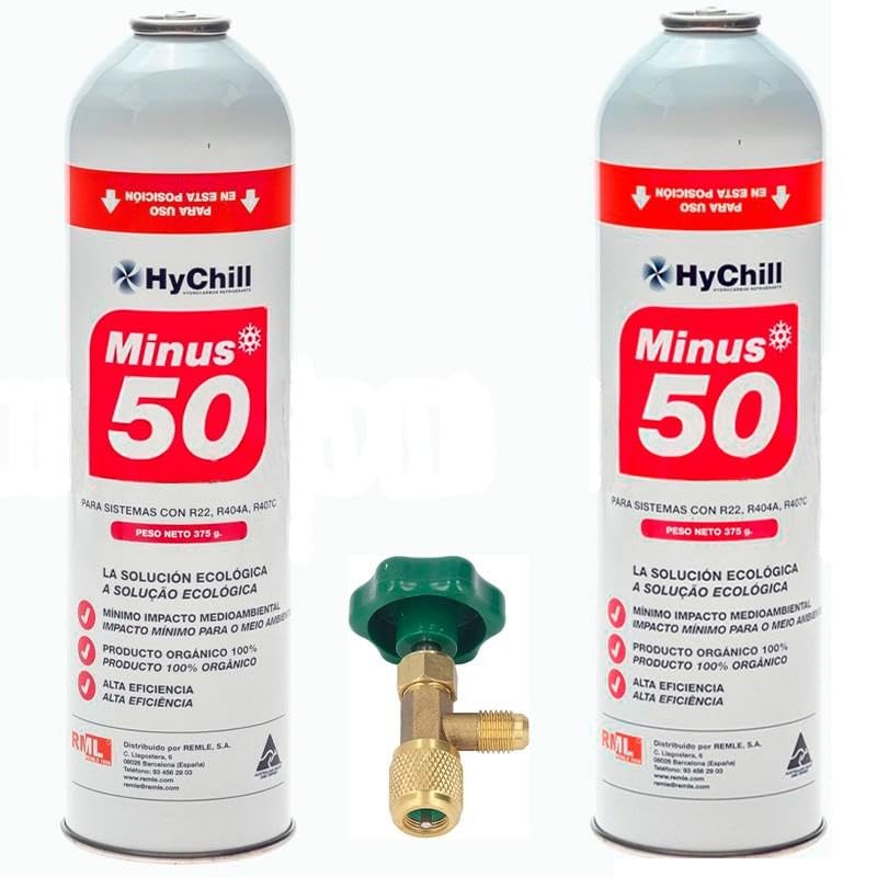 REPORSHOP - 2 Botellas Gas Minus 50 375Gr + Valvula Sustituto R22 R404a R407C R502 Freeze Organico