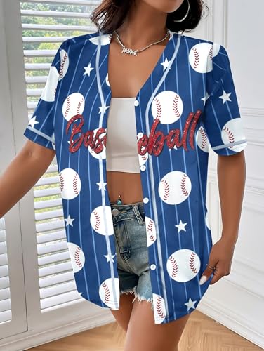 Image of Baseball Shirt Women Baseball Jersey Graphic Button Down Shirt Game Day Short Sleeve Tops