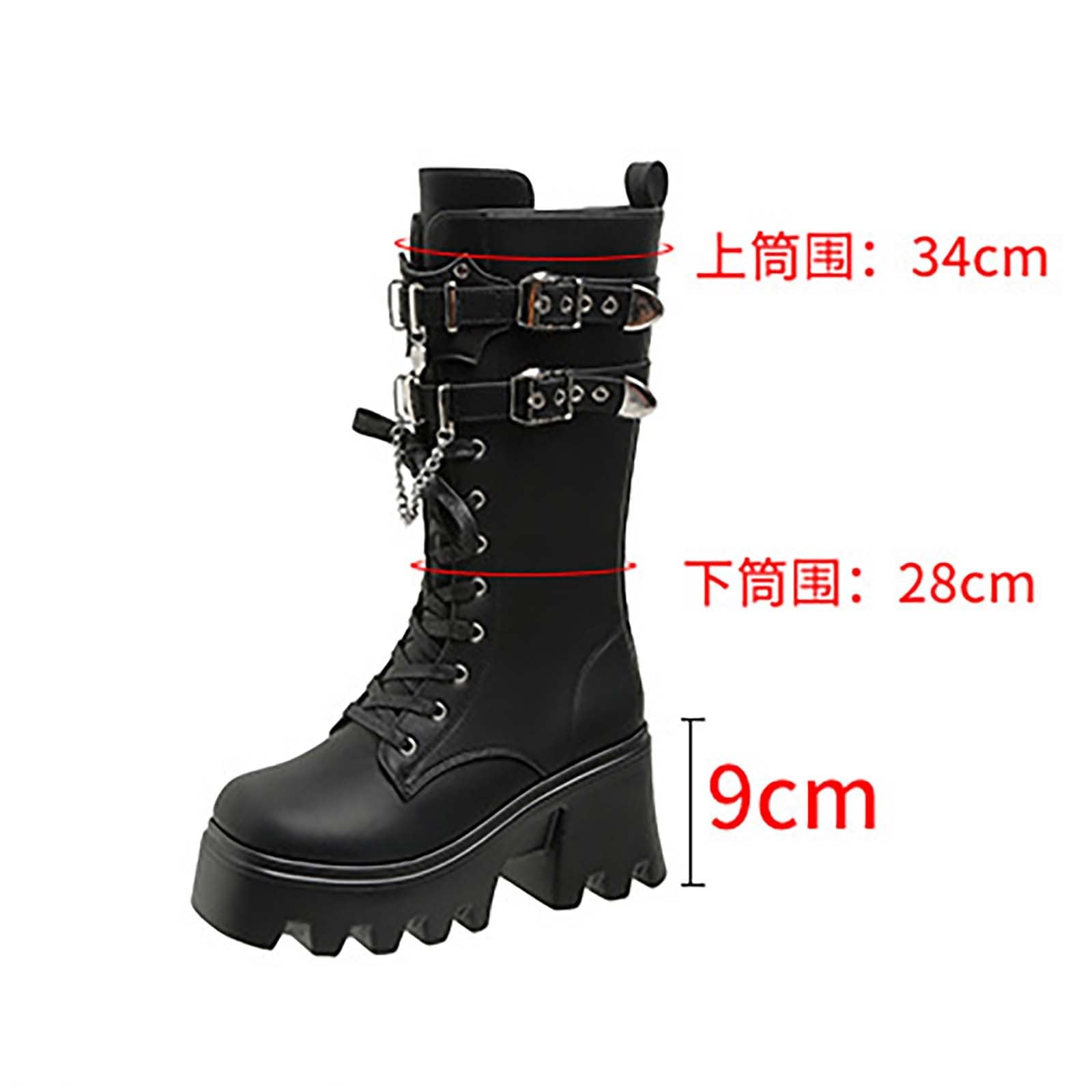 Generisch Damen Gothic Punk Plateau Stiefel Chunky hohe Plattform Mid Calf Absatz Spitze Up & Reißverschluss Runde Zehe Schnallen Kampfstiefel Moto Stiefel Rave Gothic Schuhe Leicht und komfortabel