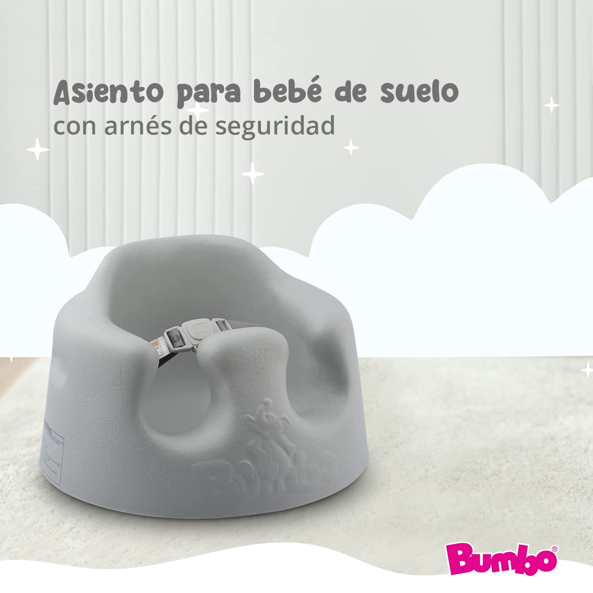 Bumbo Asiento de Suelo para Bebé - Diseño Ergonómico, Fácil de Limpiar, con Arnés de Seguridad - Cómodo y Seguro - Asiento de Apoyo para Bebés de 3 a 12 Meses - Color Gris