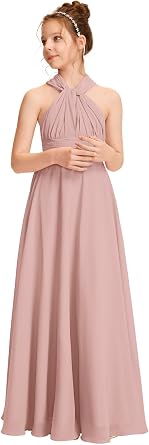 Halter One Shoulder Junior Bridesmaid Dress V Neck Floor Length Flower Girl Dresses for Wedding Teen Girls Party