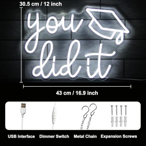 Image of You Did It Neon Sign Congrats Grad LED Neon Light for Party Backdrop Decor | Graduation Decorations 2026, Dimmable Graduation Cap LED Sign, White Letter Neon Lights Signs, Graduation Gifts, USB Powered