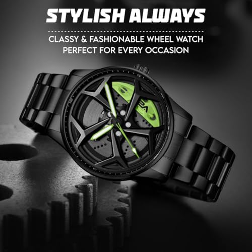 Image of V2A Men's Analog Watch with Spinning Wheel Dial - Black and Green| Stylish Stainless Steel Band | Water & Scratch Resistant - Model 2310