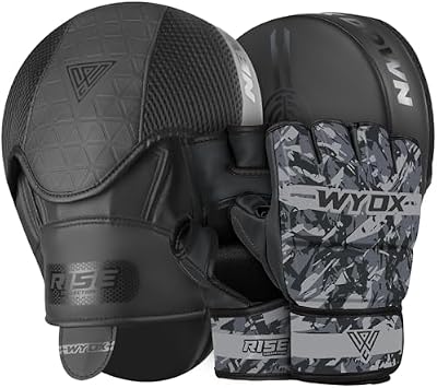 WYOX MMA Gloves & Boxing Focus Mitts Set Hybrid Open Palm Grappling Gloves with Wrist Support + Curved Punching Pads with Gel Shock for Muay Thai, Kickboxing, Karate Training Men & Women