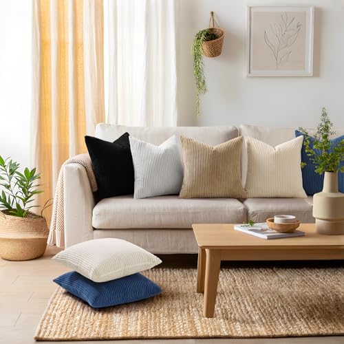 Mecatny Corduroy Decorative Throw Pillow Covers 16x16 Set of 2 for Sofa Living Room, Soft Neutral Boho Couch Pillow Covers for Home Decor, Navy Blue