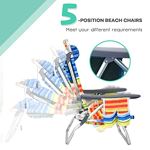 Goplus Backpack Beach Chairs, 3 Pcs Portable Camping Chairs With Cool Bag And Cup Holder, 5-Position Outdoor Reclining Chairs For Sunbathing, Fishing, Travelling (Multi Color, With Side Table) #TOP2