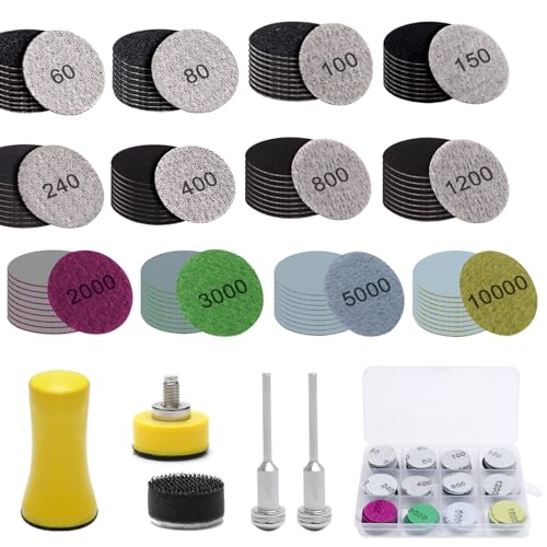 Annickee 205 Stück Schleifscheiben 25mm Klett, Nasse Trockene Runde Schleifpapier Set(Körnung 60-10000), Schleifpad mit Sandpapier Schleifwerkzeug, 1/8 Zoll Schaft, für Metall Holz Glas Auto Polieren