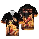 Custom Name My Balls are On Fire Bowling All-Over Print Hawaiian Shirt for Men Short Sleeve Button Down Flame Pattern Funny Gift for Bowler Player Team Club