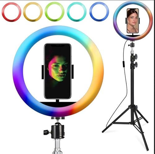 Retoo Ringlicht mit Stativ LED Handystativhalter Ringleuchte für YouTube Sel-fie Makeup Fotografie Video-Chat Live-Streaming Vlog Dimmbare 5 Lichtfarben Höhe 66-210 cm Lampendurchmesser 30cm