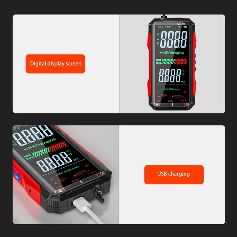 FS899L Digital Multimeter with Color Screen, USB-C Rechargeable Electrical Tester, 6000 Counts True RMS AC/DC Voltage Current Capacitance Resistance Frequency Temperature Measurement NCV Detector