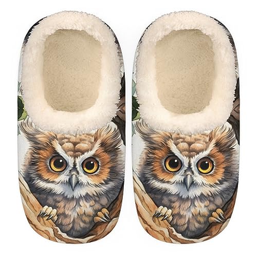 Lovely Owl Slippers for Women Men, Tree Leaves House Slippers Socks Warm Fuzzy Memory Foam Indoor Slippers Lightweight Cozy Anti-Skid Closed Back Home Shoes, Medium