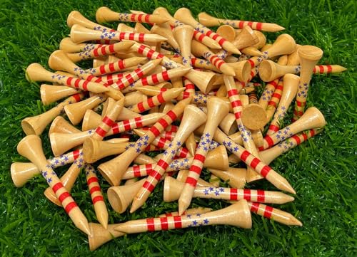 NorthPointe 2 1/8” Short Golf Tees for Par 3’s, Low Profile Woods and Hybrids – USA Stars and Stripes American Flag – 80 Wooden Golf Short Tees in Bulk (80, Stars & Stripes)