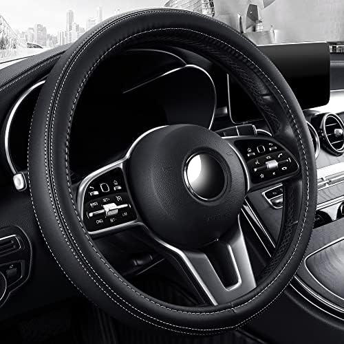 Microfiber Leather 15" Universal Fit Car Steering Wheel Cover, Elastic Breathable and Odorless, Black with White Accent