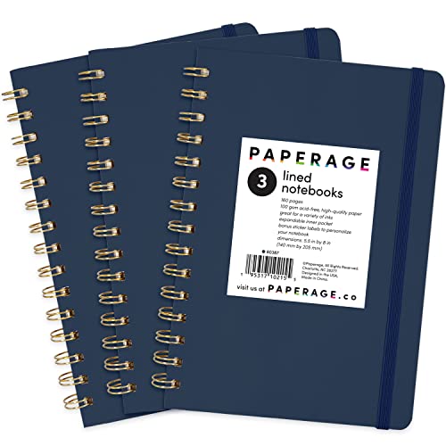 PAPERAGE Lined Spiral Journal Notebook, (Navy), 3 Pack, 160 Pages, Medium 5.7 inches x 8 inches - 100 GSM Thick Paper, Hardcover, Double-Wire Spiral Journal & Notebook