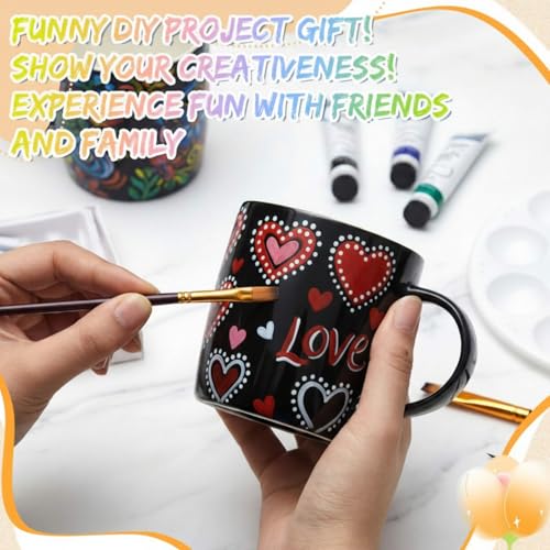 Image of Geiserailie Mug Painting Kit for Adults, Paint Your Own Ceramic Mug DIY Set with 2 Mugs, 12 Acrylic Paints, 3 Brushes & Palette Creative Gift for Graduation Mother's Day Birthday Party(Simple Black)