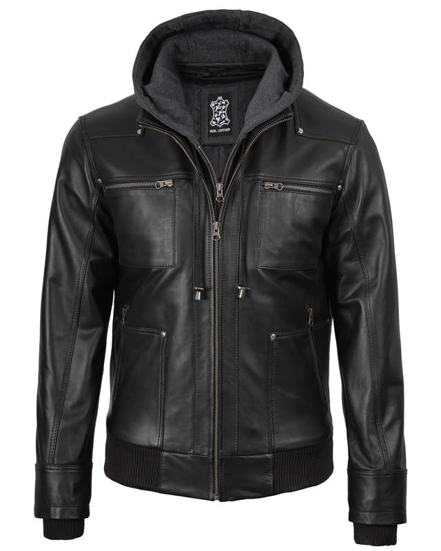 Image of Decrum Detachable Hooded Leather Jacket Men - Real Lambskin Mens Leather Jacket with Hood