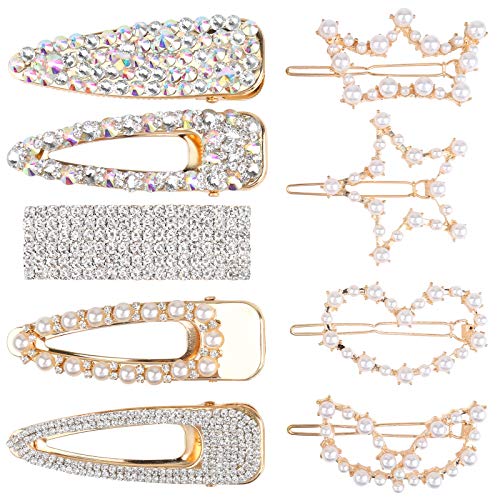 9 Pcs Shining Hair Clips, Teenitor Ultra Sparkly 5 Pcs Large Size Rhinestone Hair Alligator Clip And 4 Pcs Pearl Barrettes For Women Girl Hair Styling Accessories Christmas Gift-Golden