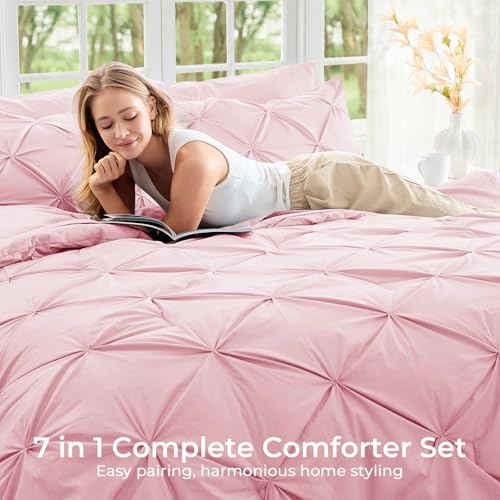 Image of Sasttie Oversized Queen Comforter Set, 7-Piece Bed in a Bag, Pintuck Bedding Sets for All Season, Includes Comforter, Flat Sheet, Fitted Sheet, Pillowcases and Pillowshams, Baby Pink