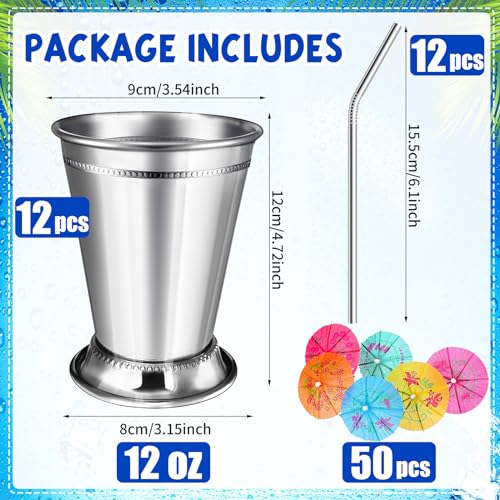 12 Sets Mint Julep Cups Silver with Straws 12 oz Stainless Steel Drinking Cups Beaded Mint Julep Cups Metal Cocktail Glasses with Straws and Drink Picks for Mint Julep Cocktails Beer Juice Beverage
