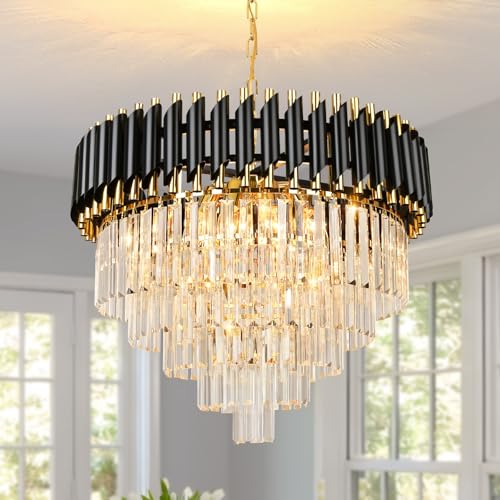 AOOCHOK Black and Gold Crystal Chandelier Pendant Light, Round Modern Crystal Chandelier for Dining Room, Living Room, Bedroom, Restaurant, E14 x 8, Φ60cm