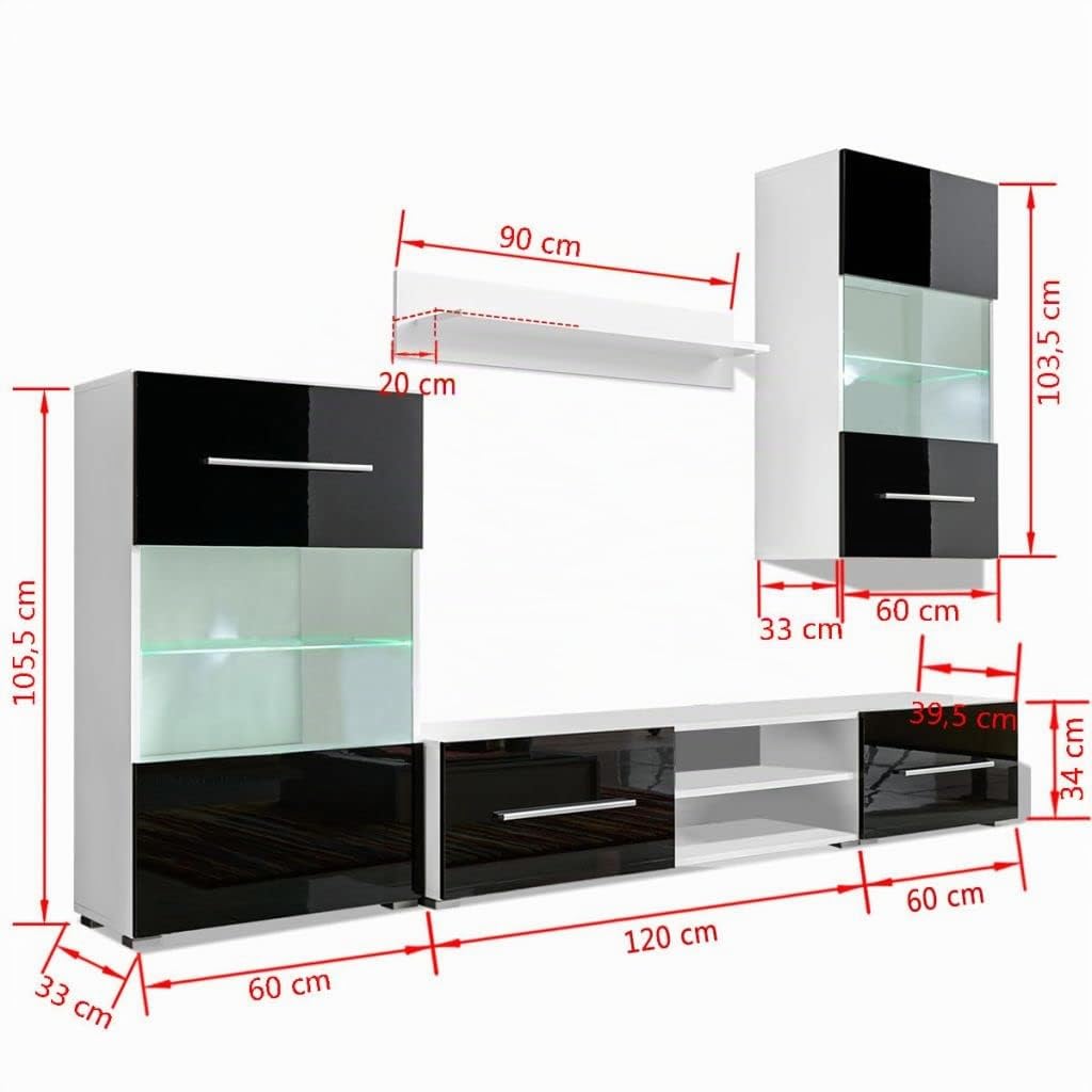 Festnight Mobile TV Vetrina Parete 5pz Luci LED Nero Moderno per Soggiorno