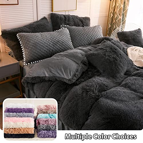 Liferevo Luxury Plush Shaggy Duvet Cover Set, Soft Velvet Fluffy Furry Duvet Cover Set(1 Faux Fur Fuzzy Comforter Cover+2 Pom Poms Pillowcases)Solid Bedding Set, Zipper Closure(Full/Queen, Dark Gray) #TOP5