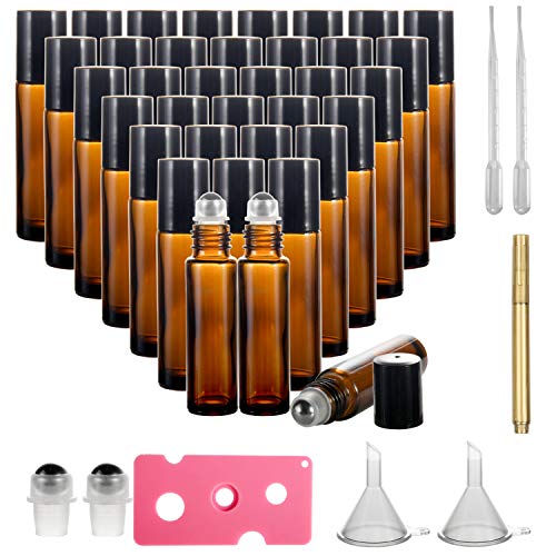 Roller Ball Bottle for Essential Oils 10ml 36 Pack, RUCKAE Essential Oil Roller Bottles, 36 Pack Amber Glass Roller Bottles with Stainless Steel Roller Balls, Openers, Droppers,Funnels Mark Pen