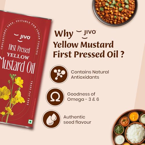 Image of JIVO First Pressed Yellow Mustard Oil 5L | Pili Sarson Oil for Cooking | Chemical-Free Edible Oil for Deep Frying & Roasting | Omega-3 PUFA, Tocopherols & Added Vitamins A & D for Diverse Cuisines-
