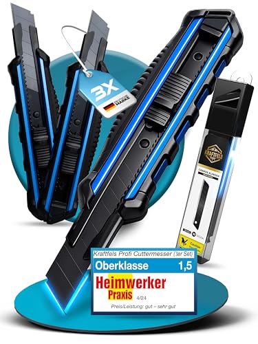 3 x Cuttermesser Profi Set 18mm (Alu Gehäuse) - inkl. 13x SK5 Carbonstahl Klingen extra scharf - Cuttermesser Set 18mm - Teppichmesser Profi - Cutter Messer - Kattermesser Metall