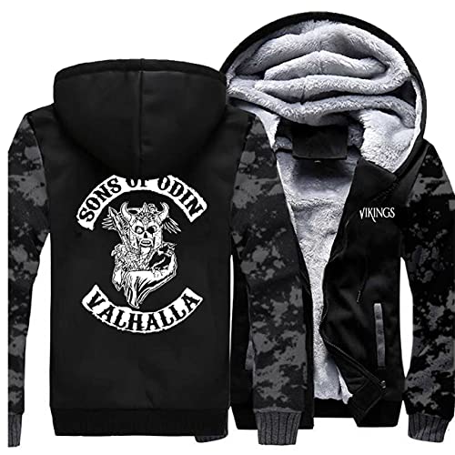 Viking Thicken Plus Fleece Warm Zip Hoodie, Valhalla Sons of Odin Printed Camo Sleeve Sweatshirt, Personality Jacket,Black,4XL