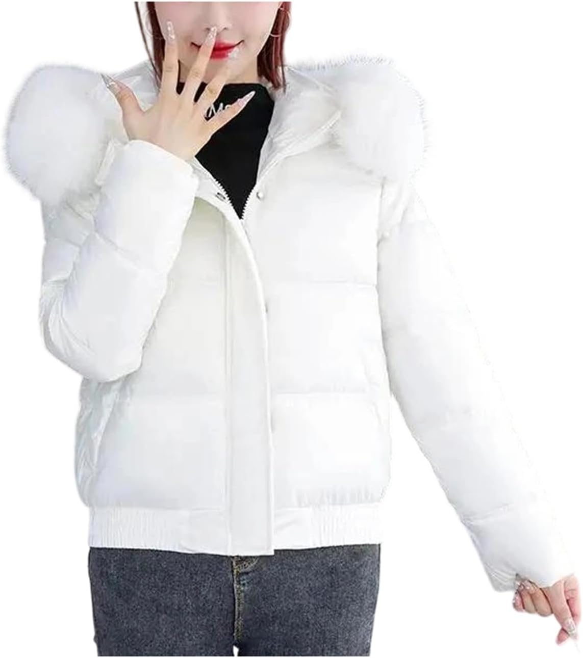 Women's Winter Down Cotton Jacket Fake Fur Collar Hooded Short Parka