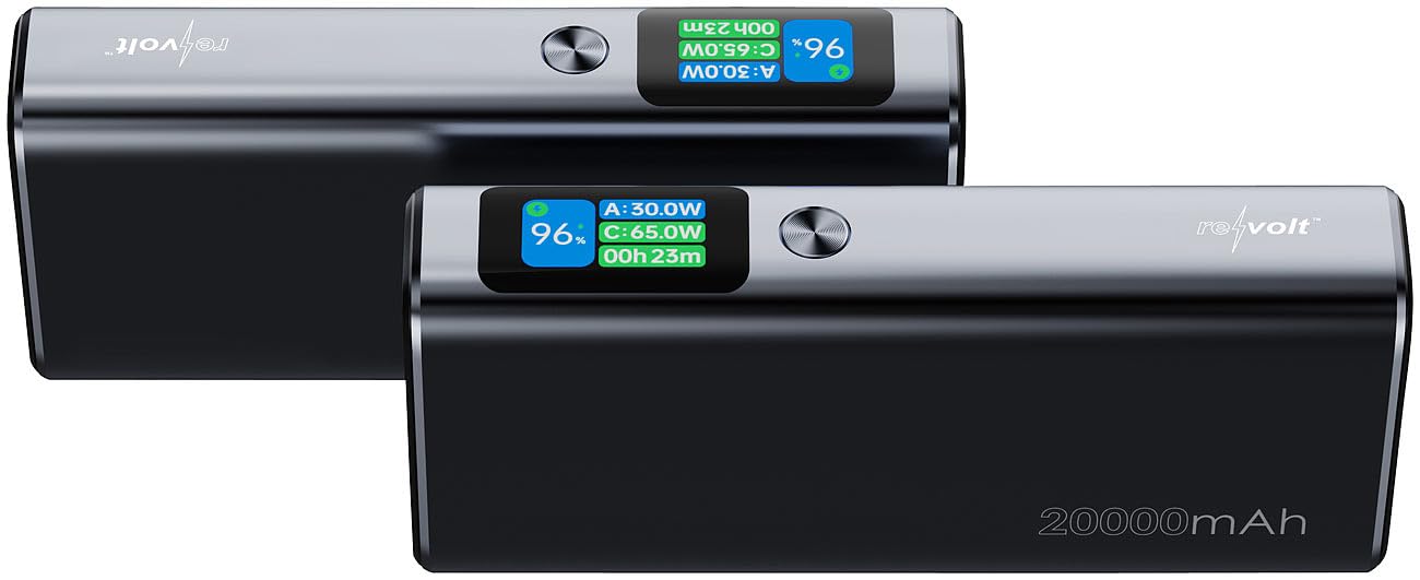 revolt Power Bank USB-C 20000 mAh 130 W con display OLED a colori, PD 100 W, grigio scuro