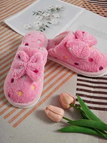 OYOANGLE Women's Bowknot Close Toe Fuzzy Slippers Polka Dots Flat Slip on Furry Slippers Indoor House Plush Slippers4