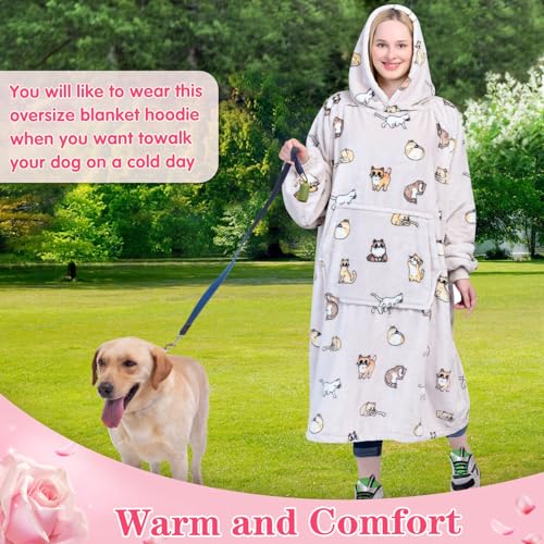 Image of Waitu Wearable Blanket Sweatshirt Gifts for Women and Men, Warm and Cozy Giant Blanket Hoodie, Thick Flannel Blanket with Sleeves and Giant Pocket - Cat Gray